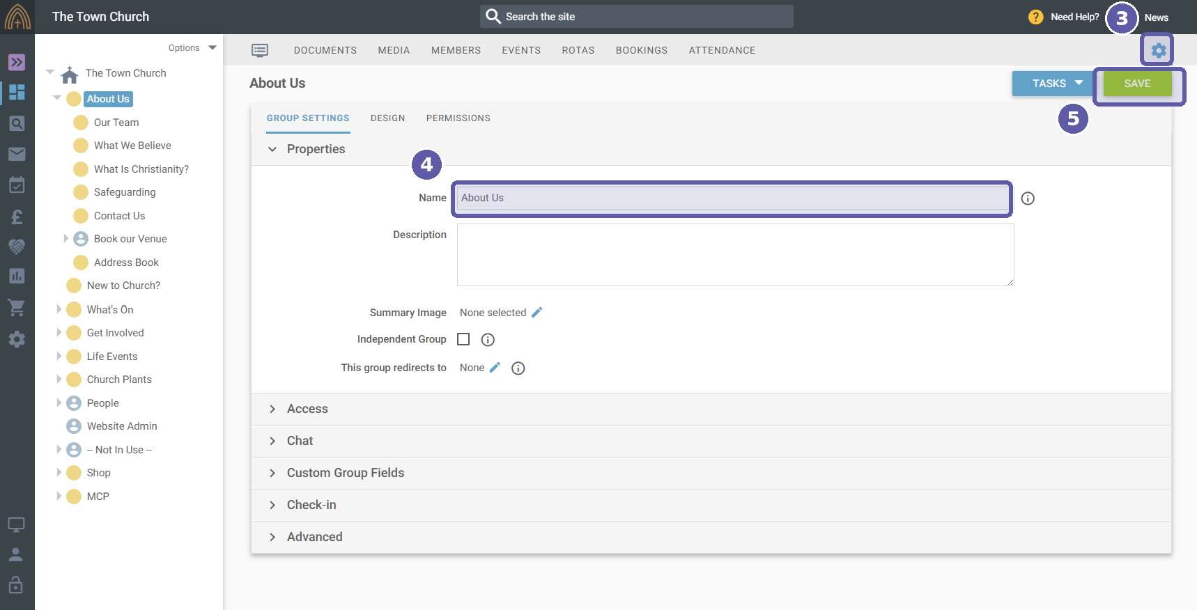 The web office group settings screen, with the settings cog, Name field and Save button highlighted and numbered 3, 4 and 5