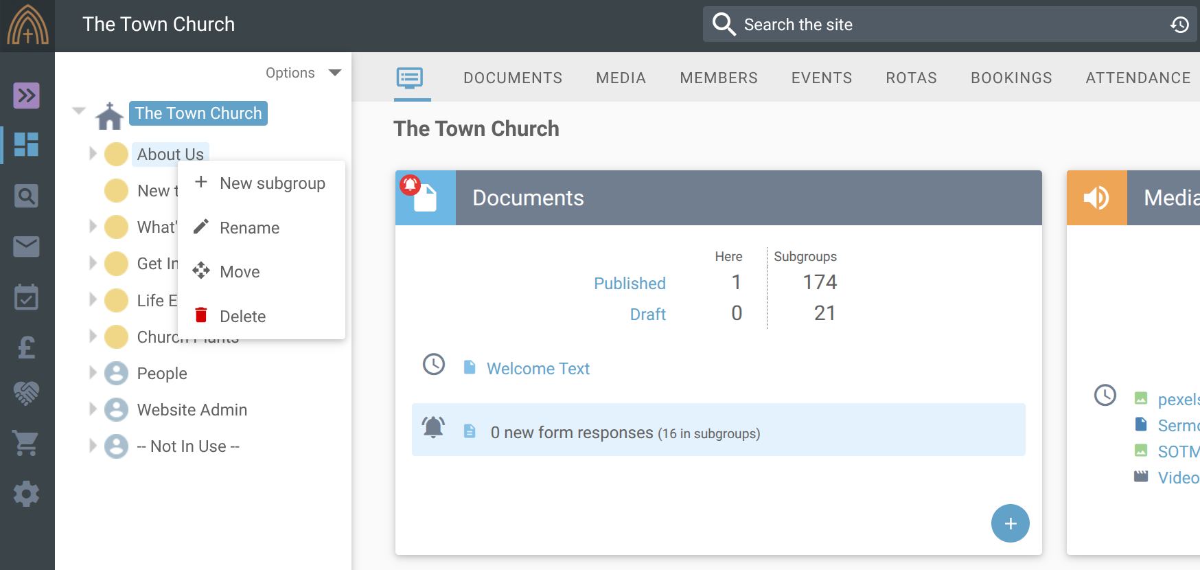 The right-click menu open on a group in the Site Manager tree, showing New subgroup, Rename, Move and Delete